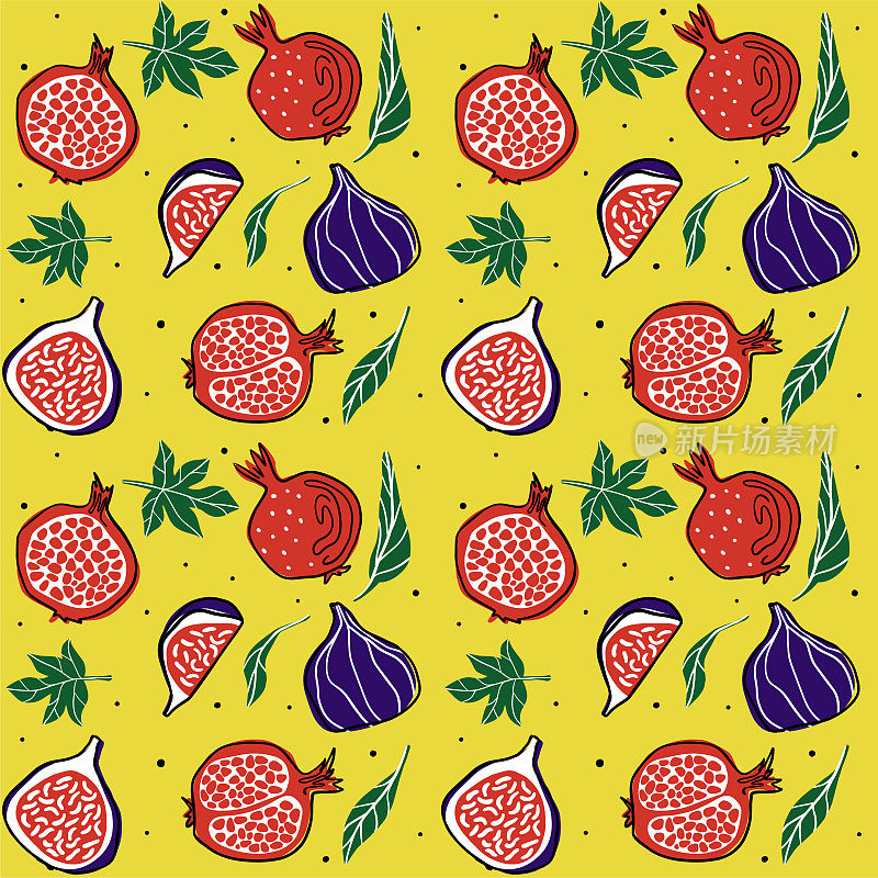 Vector oriental floral background from objects: pomegranate, figs and leaves. Illustrations from the hands of the autumn harvest and plants for the pattern. Texture elements